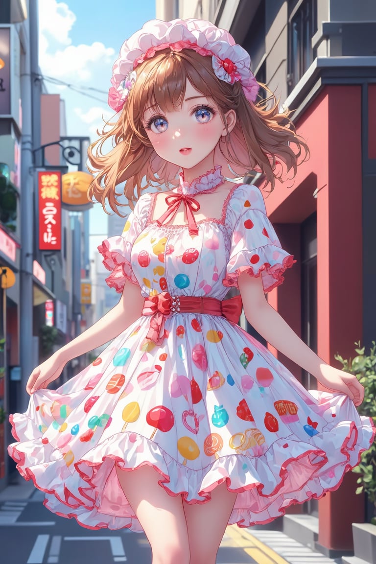 A cute girl Wearing a candy pattern dress, cute, candies, Japanese anime style