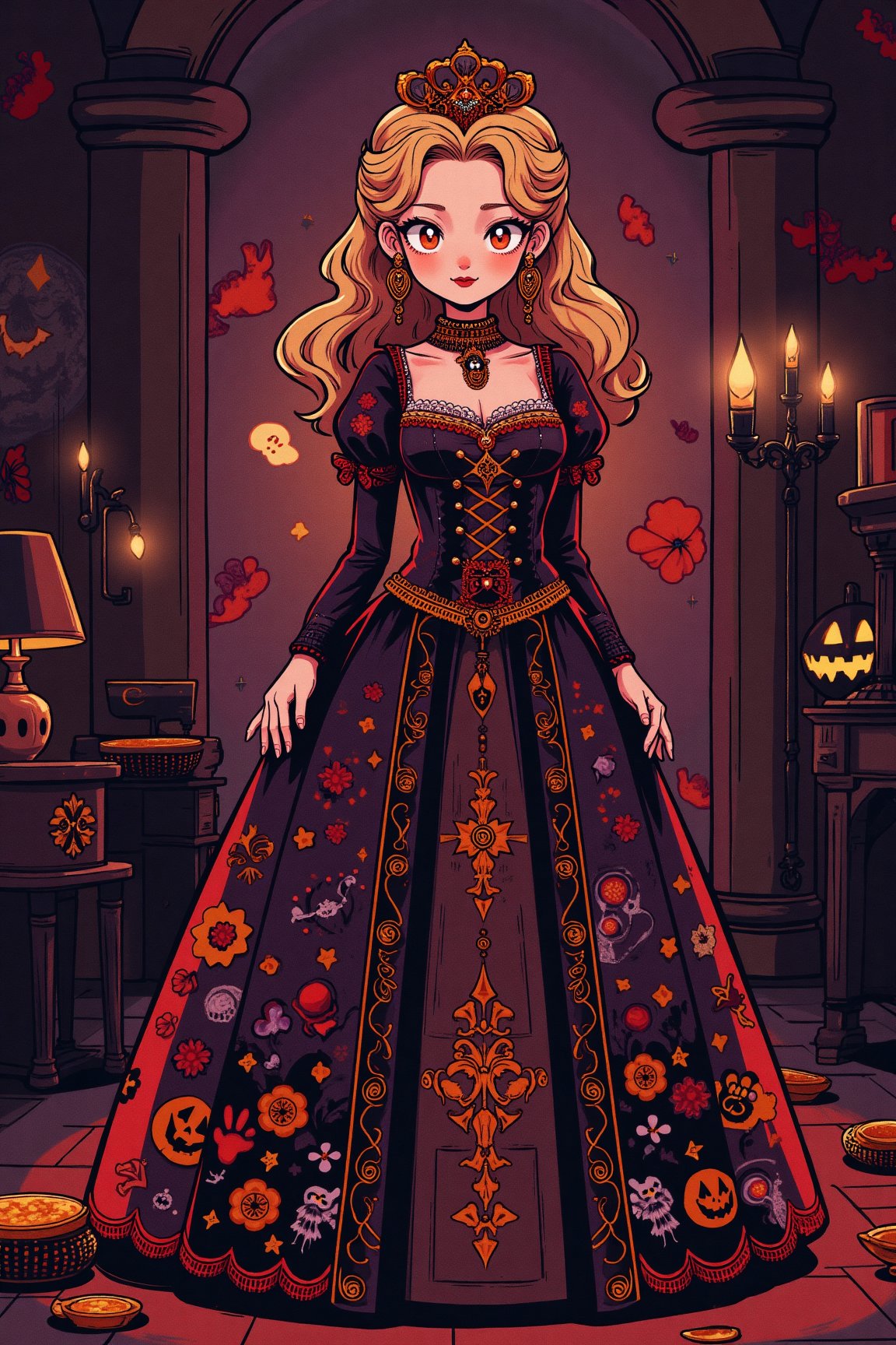 (score_9,score_8_up,score_7_up), high quality, Score_9, score_8_up, masterpiece, best_quality, highres, Victorian era dress, cute, girl, royalty, princess,red lipstick,halloween_costume, midnight ,treak or treat,Cartoon