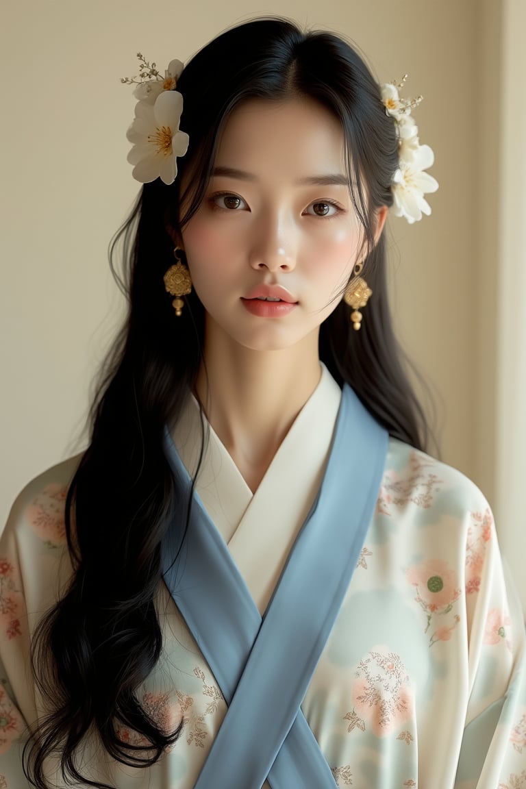 a woman with long dark hair,  wearing a kimono,  adorned with a blue ribbon and a floral pattern. She is adorned with gold...