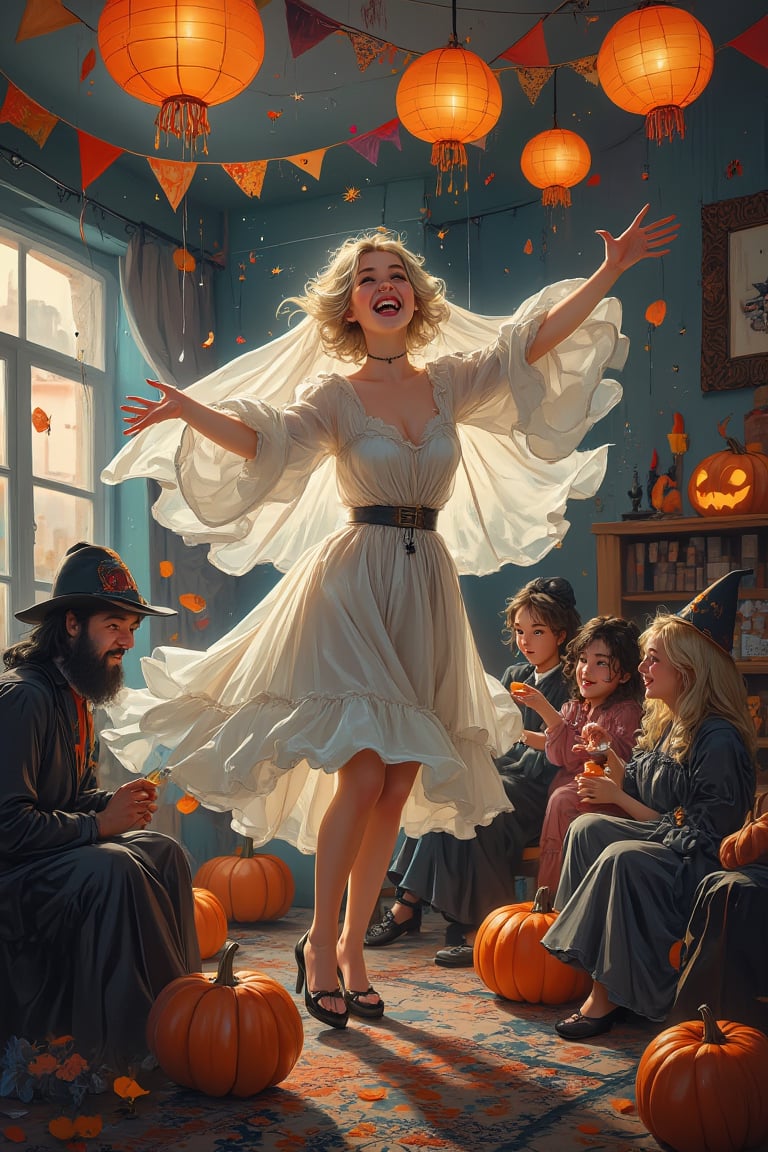 .Masterpiece, best quality,Fun Fright Night: A lovely female ghost in a vintage dress playfully scares her friends during a Halloween costume party. They all wear humorous costumes, while she floats amidst hanging decorations. The backdrop consists of a festively decorated living room filled with pumpkins, streamers, and spooky treats.