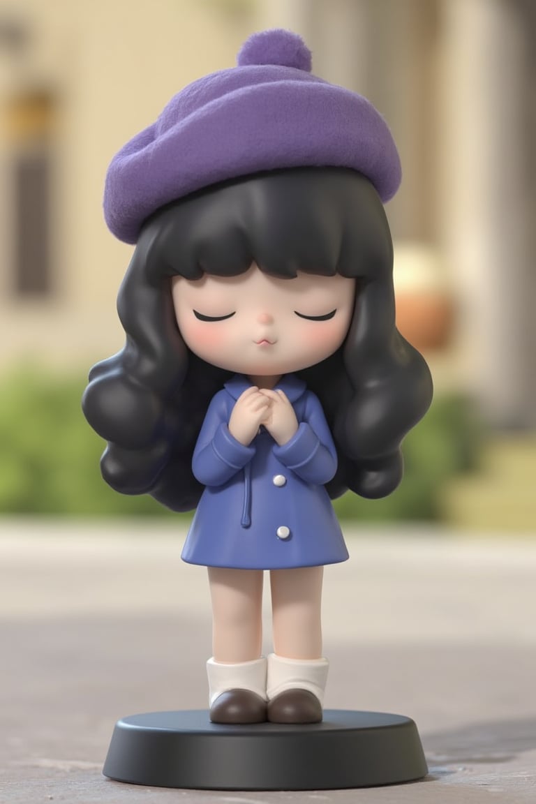 3d rendering,pvc figure, basic base,3D animated,masterpiece, best quality, 1girl, Blue clothes, black hair, outdoor, stand, Purple wool hat, Simple background, .