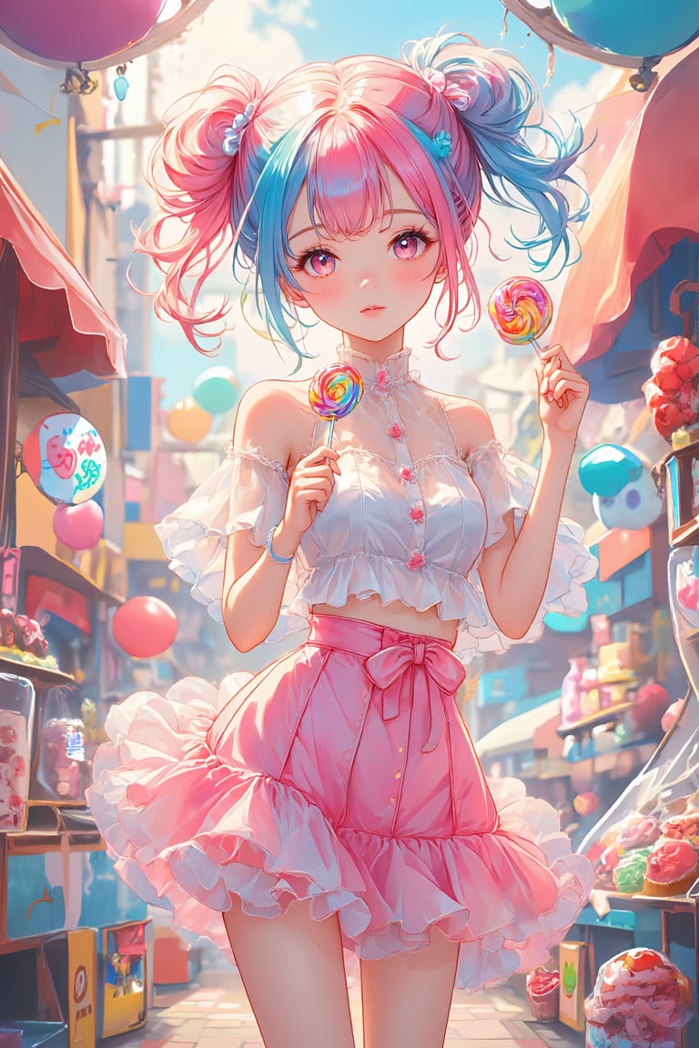 A young woman with playful pink and blue hair styled in twin buns stands in a vibrant, candy-themed market, illustrated in a realistic anime style. She wears a sheer, ruffled top and a matching pink skirt, holding a colorful lollipop. The background is filled with highly detailed candy displays and ornamental decorations, bathed in warm, soft light. The realistic anime style emphasizes more natural proportions and lifelike textures, with a focus on intricate details in her clothing, hair, and the market setting, while maintaining an expressive, emotional tone.