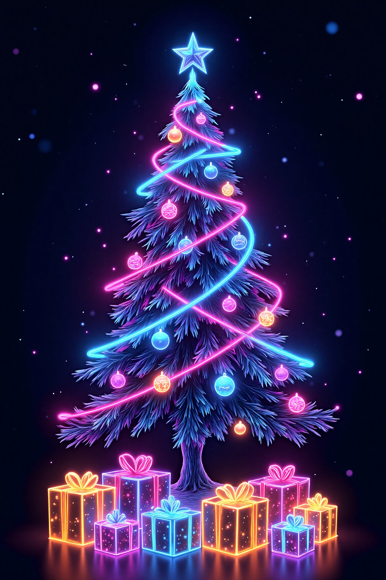 A futuristic neon Christmas tree made of glowing geometric shapes in electric blue,  neon pink,  and purple by zDKZ on Ten...