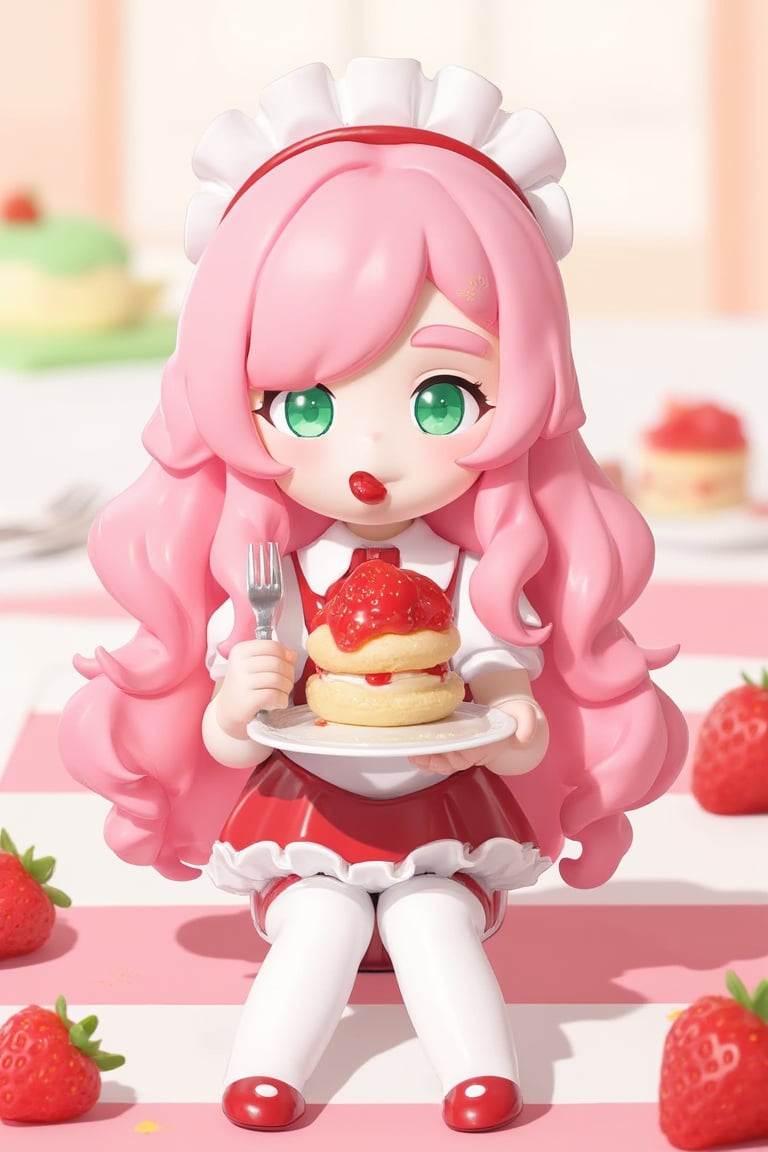 masterpiece,best quality,8k,cinematic light,ultra high res,1girl,fruit,food,strawberry,chibi,long hair,solo,eating,maid headdress,two side up,green eyes,cake,fork,sitting,holding,strawberry shortcake,dress,bright pupils,pants,white pupils,holding food,plate,bangs,pink hair,