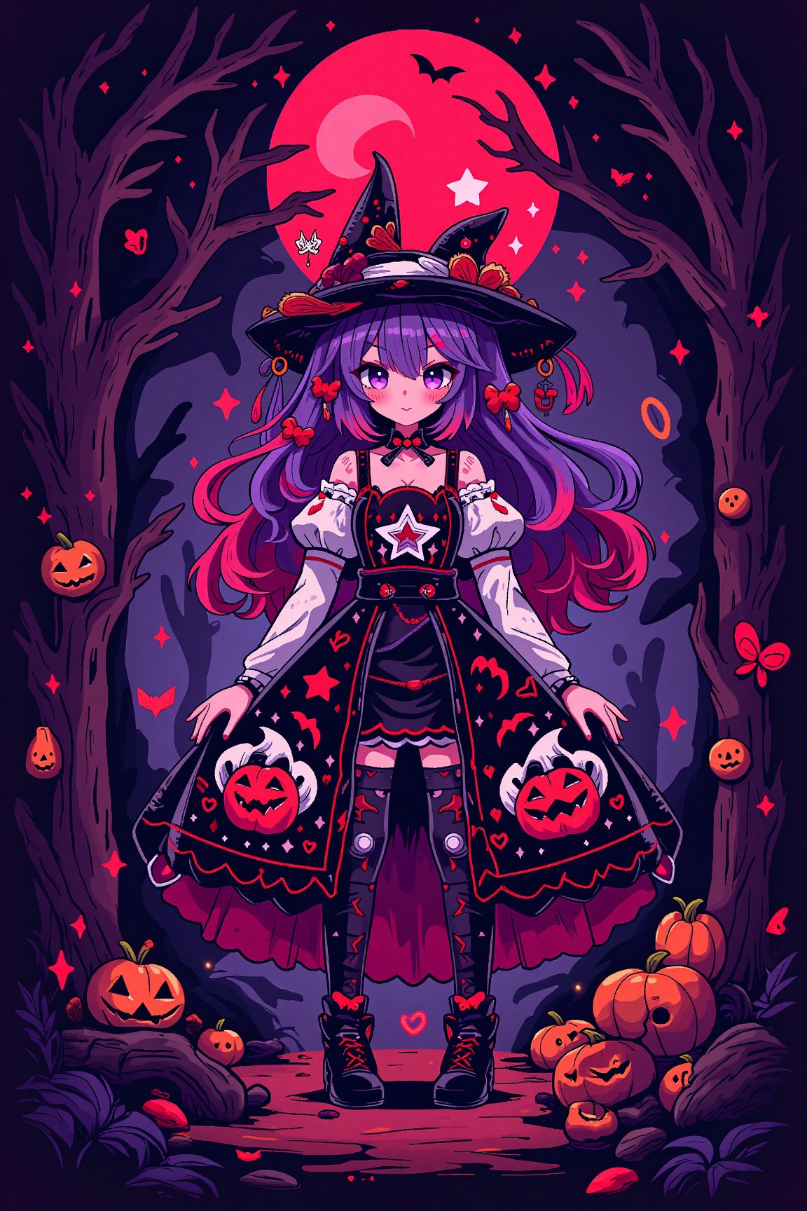 masterpiece, best qualty, incredibly absurdres, cute, 1girl, red purple gradient hair, purple eyes, halloween outfit dress, star ornament, forest, red moon, cute fangs, evil smile