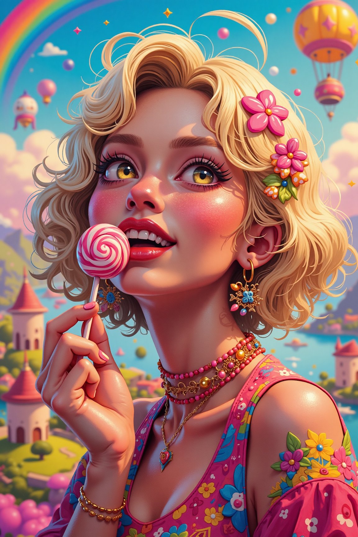 Pixomeda style, a vibrant and whimsical scene of a woman holding a candy, playful and colorful, with a soft, glowing light illuminating her face, her expression joyful and curious, the candy a bright, shiny lollipop, the background a fantastical, dreamlike landscape with floating islands and rainbow-colored clouds, the composition dynamic and engaging, the woman's pose natural and relaxed, her clothing vibrant and whimsical, the overall atmosphere magical and enchanting.