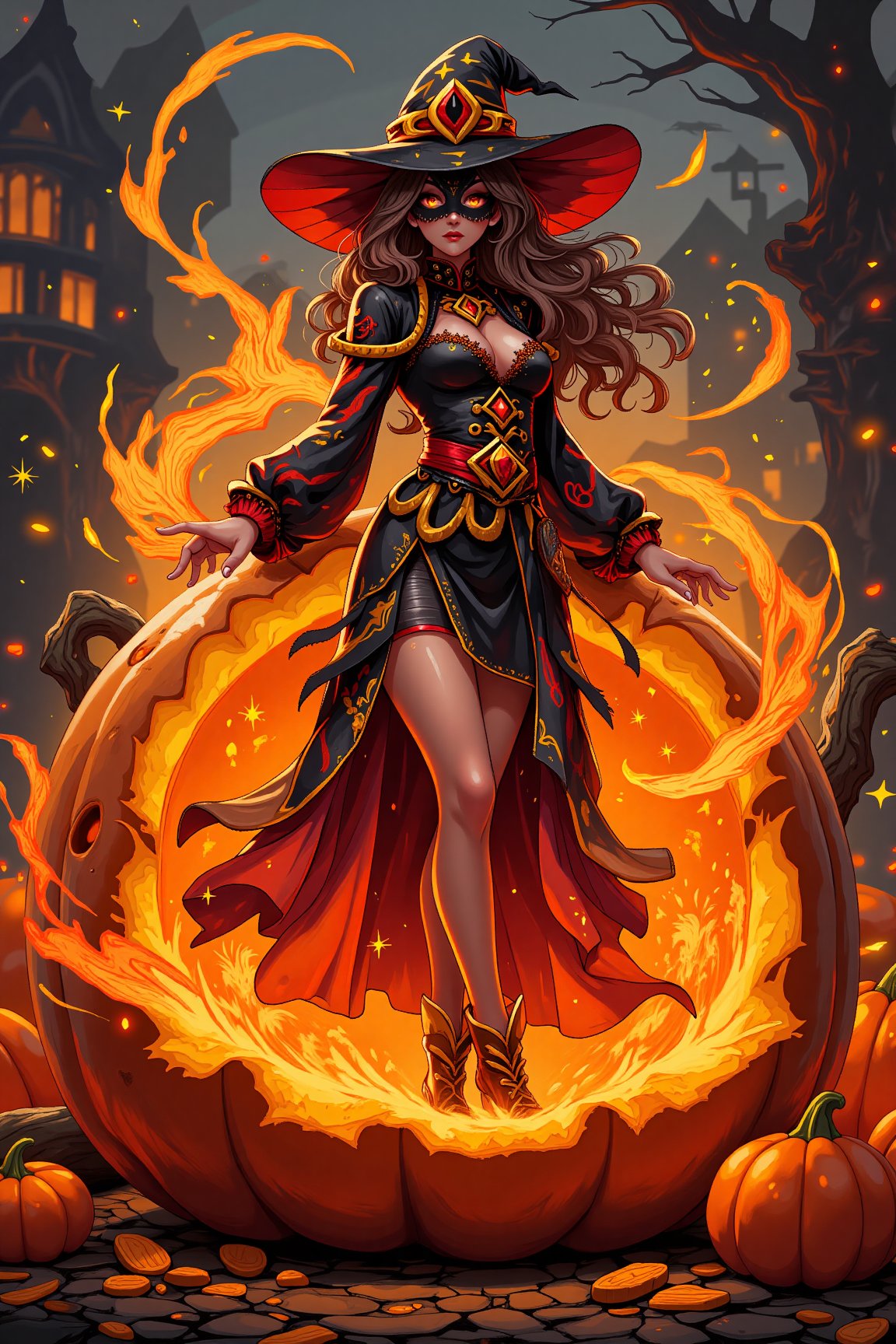 solo,a witch,mask,Standing on a giant jack-o'-lantern,swirling magic around her body, full body, cinematic lighting, very detailed, vibrant, 8k, best quality, ultra sharp focus, glowing, sparkles, artwork by granblue fantasy, artgerm, amazing background