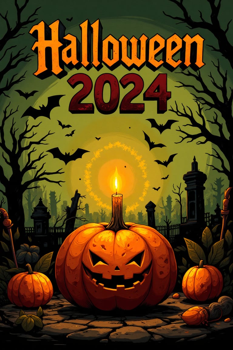 A Halloween 2024 poster featuring a pumpkin with a lit candle, bat, graveyard, dark and eerie atmosphere, and complementary colors olive green, maroon and ochre yellow.", "style": "Dark and gothic style", "technique": "Use of expressive and dynamic brush strokes, with a focus on texture and lighting.", "colors": "Dark and mysterious colors, with a color palette: Olive green, maroon, ochre yellow, black", "details": "The pumpkin has a lit candle that burns with an intensity that seems to hypnotize. Bats fly in circles around the pumpkin and the graveyard in the distance is a symbol of death and darkness. The logo "Halloween 2024" is written in large, dark letters at the top of the poster.", "lighting": "The lighting is dramatic and expressive, with the lit candle burning with an intensity that seems to hypnotize and create a warm and mysterious lighting effect."