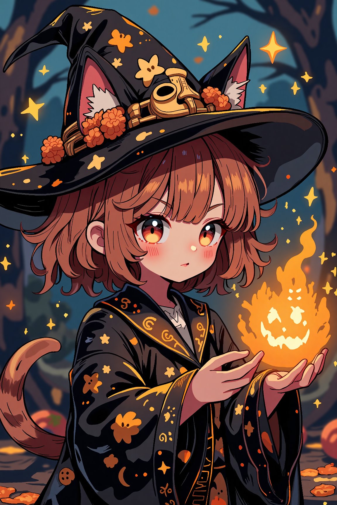 (detailed description),(best quality),(extremely detailed),(masterpiece),pumpkin,(chibi:1.2),(A magical cat-eared girl casts a spell),(wizard hat, black wizard costume:1.3)