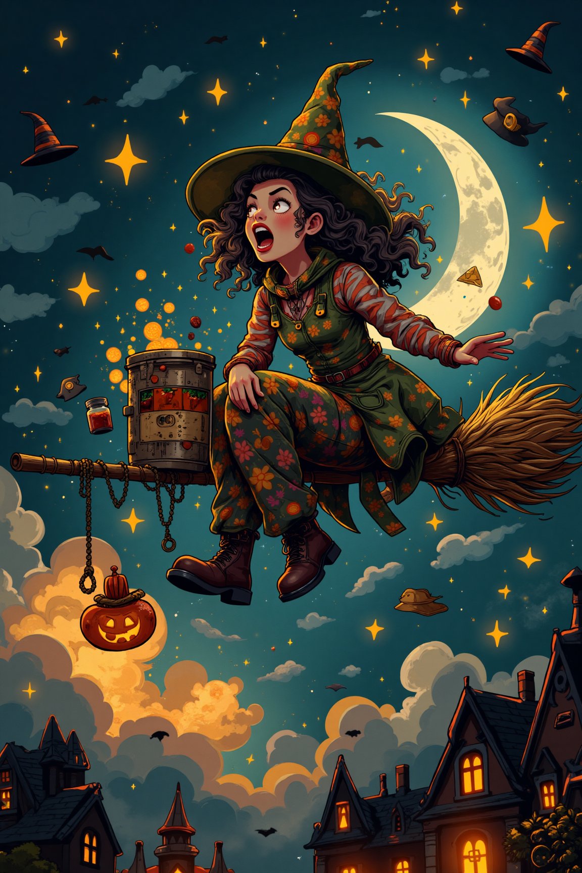 A bewitching Halloween scene: A beautiful woman, witch with wild, curly hair and mismatched attire soars above the crescent moon on her trusty broom, spilling potion ingredients in all directions as she exclaims in shock. The dark, starry sky behind her is aglow with distant, glowing witch hats, while swirling clouds add to the whimsical atmosphere.