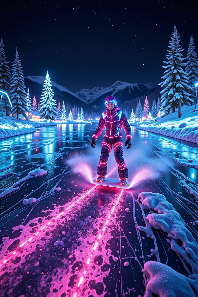A female snowboarder gliding across a frozen lake,  the ice below her sparkling with neon lights. Her snowboard leaves bri...
