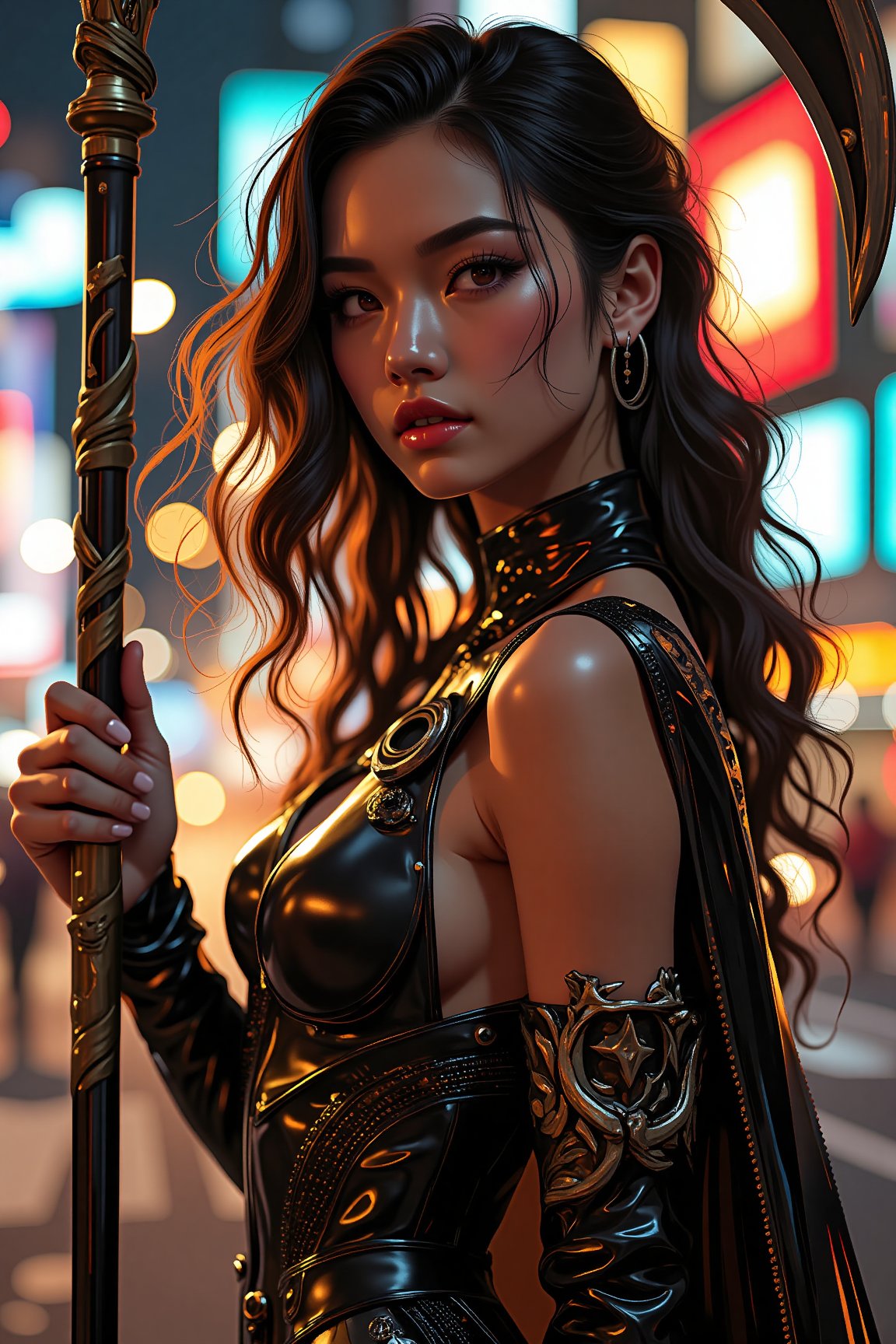 Close-up shot of a stunning woman dressed in a sleek, high-tech jumpsuit, with metallic accents and flowing cape-like details. Her long hair flows freely as she holds a gleaming scythe at an angle, its curved blade reflecting the bright city lights behind her. The composition is dynamic, with bold lines framing her profile. Soft, warm lighting illuminates her features, emphasizing her confident pose.