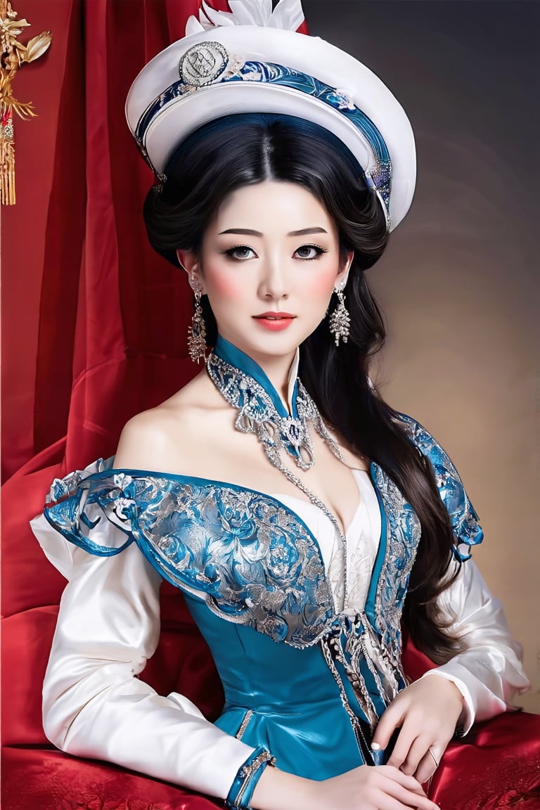 Masterpiece, high quality, high resolution, portrait a Queen of England in the 18th century with stylized features.. She is preparing for a sweet night with her husband. Truly Asian Beauty,1girl, supreme (brand) 