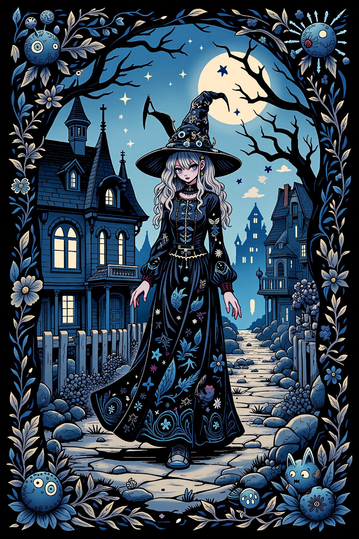 gothic style, best quality, ink, acrylic, fairytale, storybook detailed illustration, the lady of nightmares walking through the gothic night, smoke, noir, mystical, creepy, filigree detailed, intricately decorated, Tim Burton, Viktor Vasnetsov, Bilibin, Theodor Kittelsen, 2d, flat, cute, adorable, art on a cracked paper, stained glass, ultra highly detailed, tiny details, beautiful details, mystical, luminism, vibrant colors, complex background