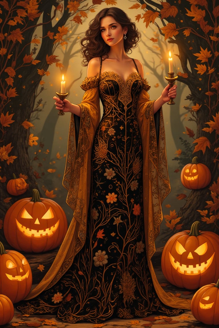 A captivating Art Nouveau portrait in the style of Alphons Mucha, featuring a Halloween princess holding a flickering candle. She wears a flowing, ornate gown with intricate patterns, standing in a mystical, Halloween-themed setting surrounded by glowing pumpkins and autumn leaves. Her expression is serene and enchanting, with her hair styled in elegant waves. The soft, magical lighting casts a gentle glow on her face and the mystical decor. The composition centers on her poised figure, with the candle's light illuminating her and the Halloween elements framing her beautifully.