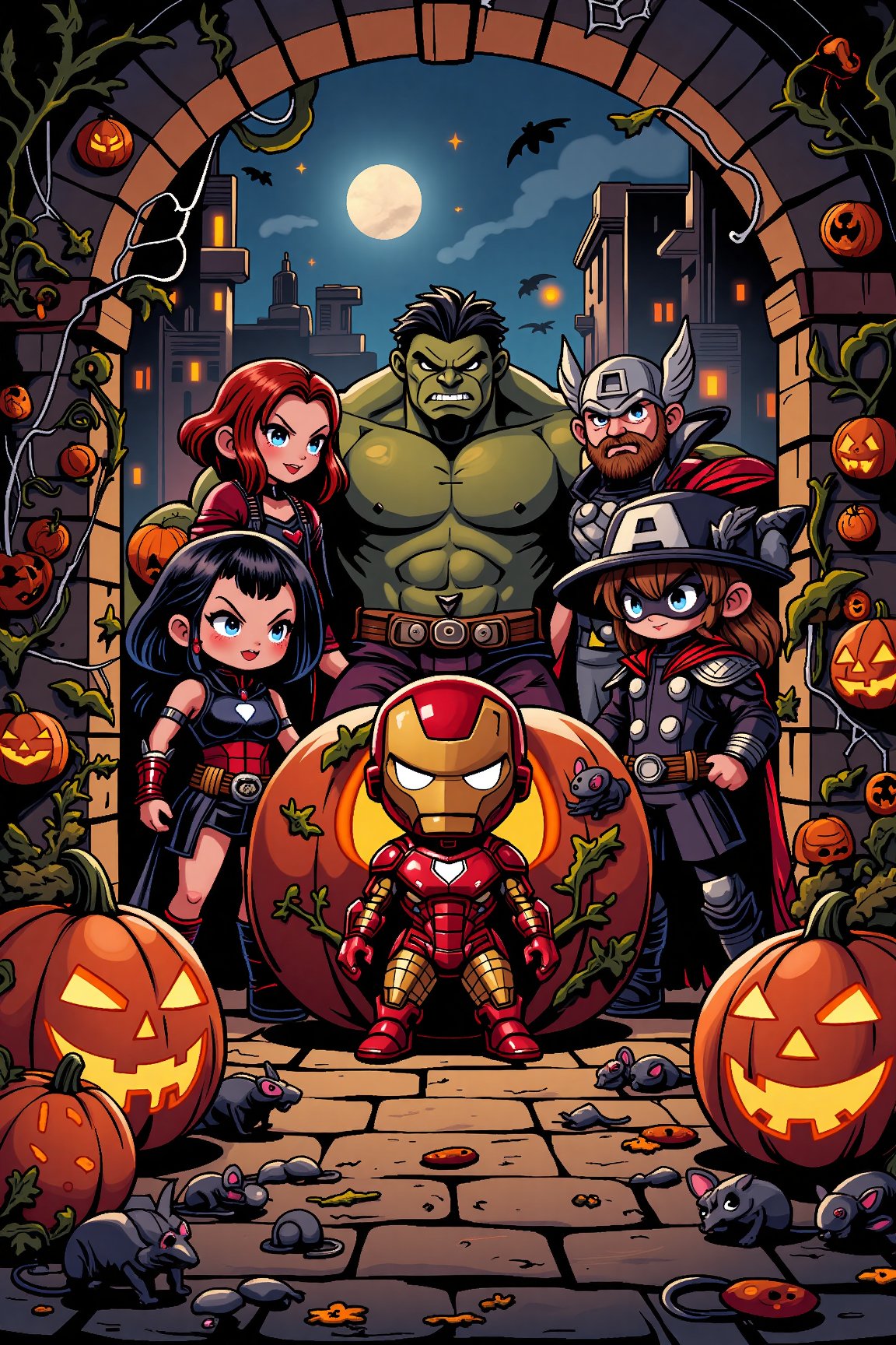 A group of chibi Avengers, including Iron Man, Captain America, Black Widow, Thor, and Hulk, dressed in Halloween costumes, pose amidst a spooky Halloween-themed backdrop. The scene is framed by cobweb-covered archways and dimly lit jack-o'-lanterns. Iron Man's suit is decorated with glowing orange and black stripes, while Captain America donned a vampire cape. Black Widow wears a witch's hat and Thor sports a Frankenstein monster-inspired getup. Hulk is dressed as a giant pumpkin, complete with vines and a carved-in smile. The scene is set amidst a flurry of Halloween ornaments, including fake spiders, bats, and rats, adding to the festive atmosphere