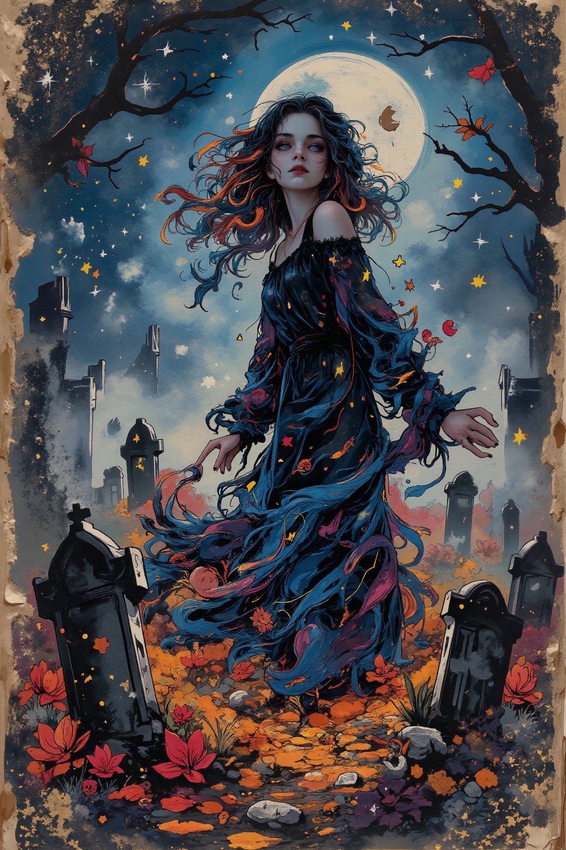 A hauntingly beautiful double exposure masterpiece! Featuring a close-up of vintage, cracked paper, an enchanting female phantom, both alluring and ghostly, emerges from a misty graveyard scene, adorned with ancient, crumbling tombstones. Her figure flows with swirling colors and watercolor drips in an abstract expressionist style. Above, a subtle crescent moon casts a cold, silvery light against the deep, starry night. The artwork shifts fluidly to a poignant portrait of the stunning phantom, her face taking the spotlight, while the lower area showcases a richly detailed Halloween-themed illustration, marked by expressive brush strokes inspired by renowned artists. The scene thrives in a misty ambience, where shadows play among the tombstones and flickering spirits whisper tales from the realm of the forgotten souls.