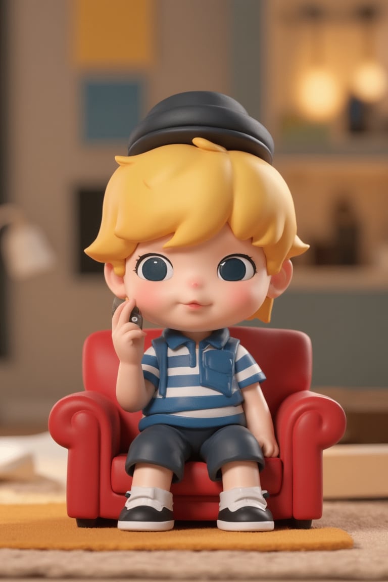 3d rendering,pvc figure, basic base,blindbox, 1boy, solo, blonde hair, short hair, hat, shoes,sitting on couch, 4k, highly detailed, uhd image, intricate details, detailed scene background, detailed, 8k, amazing art, colorful