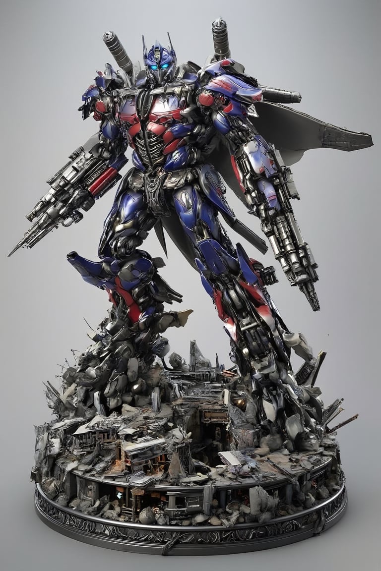 Optimus Prime stands firm on a circular base of shattered cityscape remnants, his powerful stance radiating tension. His arms flexed, one hand grasping the iconic energy sword while the other holds a blaster, feet planted apart and ready to strike. Glistening mechanical joints betray his coiled strength. Bright blue eyes blaze with determination as he surveys the war-torn landscape. The round base beneath him is a maze of collapsed buildings, ruined streets, and twisted metal, an apocalyptic backdrop for this mighty warrior's unwavering resolve.