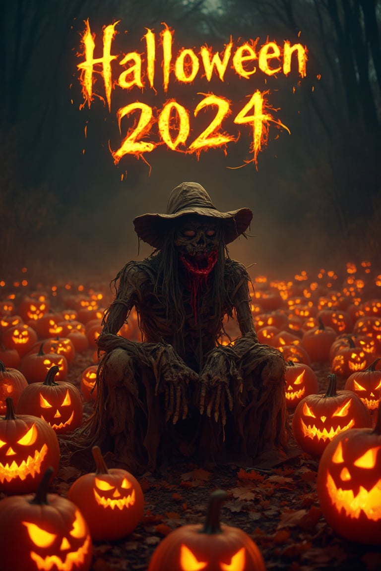 A haunting snapshot of an Insane and twisted Scarecrow seated amidst a sea of lit carved pumpkins, aglow in the flickering candlelight. The Scarecrow's ragged form seems to writhe in agony, its very presence seeming to draw forth malevolent energy from the surrounding jack-o'-lanterns. In bold, fiery script across the sky, the words Halloween 2024 appear, a macabre marker of this dark and foreboding night.