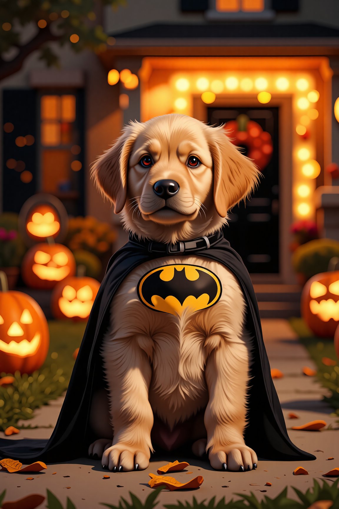 Dinamic photograph of a cute golden retriever puppy sitting, the puppy is wearing a cute batman costume, Midjourney_Whisper, background is a front yard with halloween decorations at night