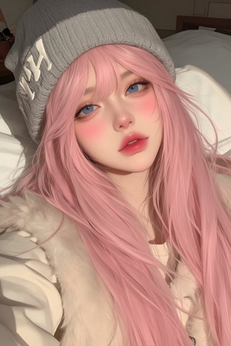 A high-angle close-up selfie portrait of a young woman with long,  flowing pastel sakura pink hair with long,  delicate la...