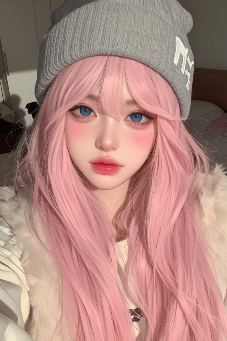 A high-angle close-up selfie portrait of a young woman with long,  flowing pastel sakura pink hair with long,  delicate la...