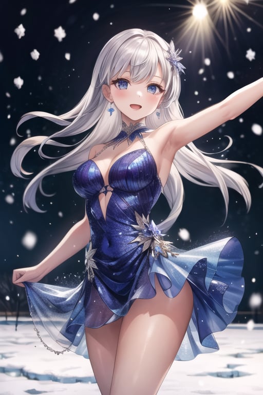 masterpiece,best quality,1girl, silver hair, ice dress, dancing in a snowy field