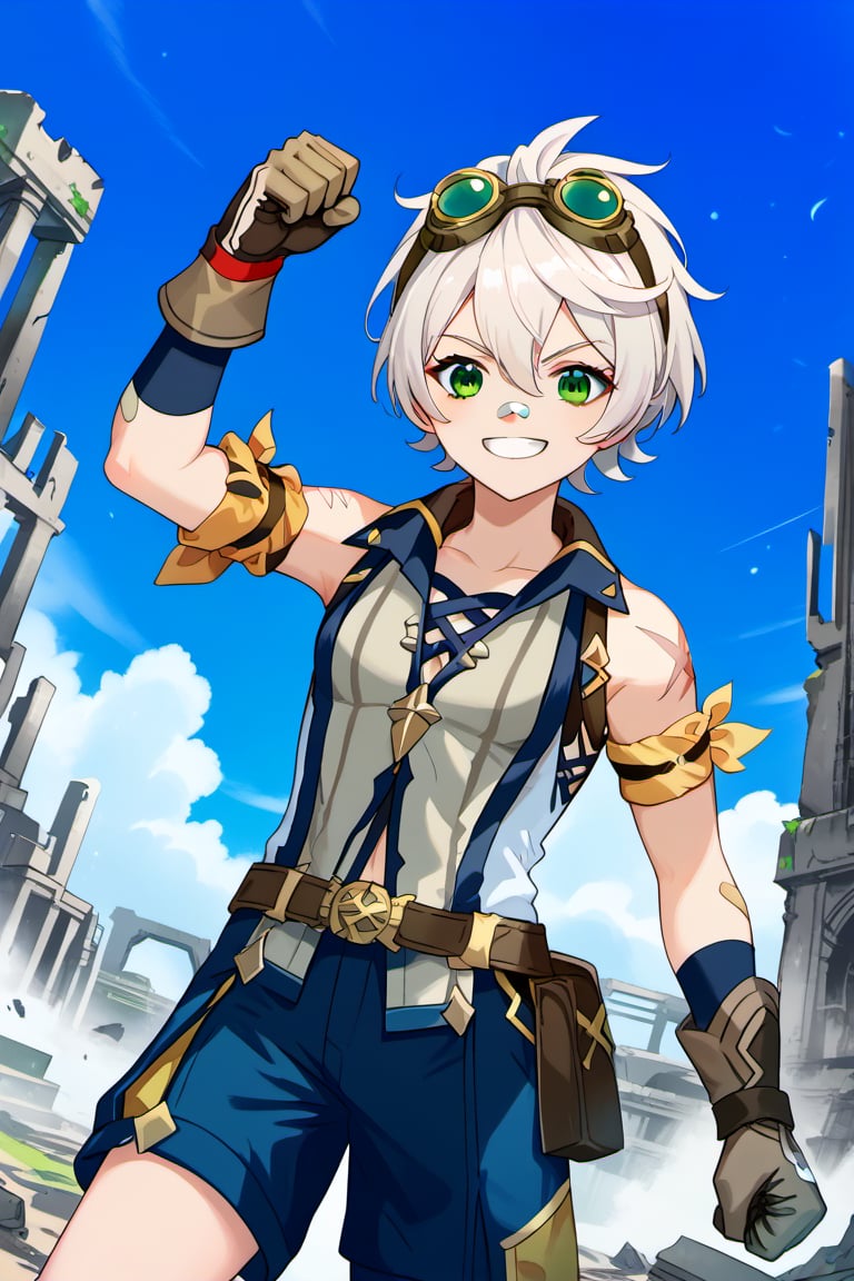 1boy, alone,bennett,green eyes,white hair,hair between eyes,short hair,bangs,googles,goggles on head,bandaid,bandaid on face,bandaid on nose,sleeveless,scar,scar on arm,shorts, looking at viewer, smiling, ruins, blue sky, fist pump, brown gloves