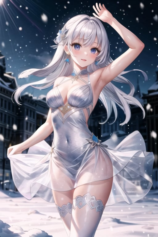 masterpiece,best quality,1girl, silver hair, ice dress, dancing in a snowy field