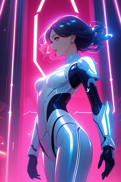 A digital artwork of a futuristic woman with long dark hair, wearing a sleek, silver bodysuit and advanced mechanical armor, holding a high-tech weapon. The setting is a bright, minimalist environment with a sci-fi aesthetic. The woman's pose is dynamic, showcasing her power and the intricate design of her cybernetic enhancements. anime waifu. Stylish. Cute, hot, shiny. Highly detailed uhd anime wallpaper, cel digital animation

,neon photography style,ct-jeniiii,noir