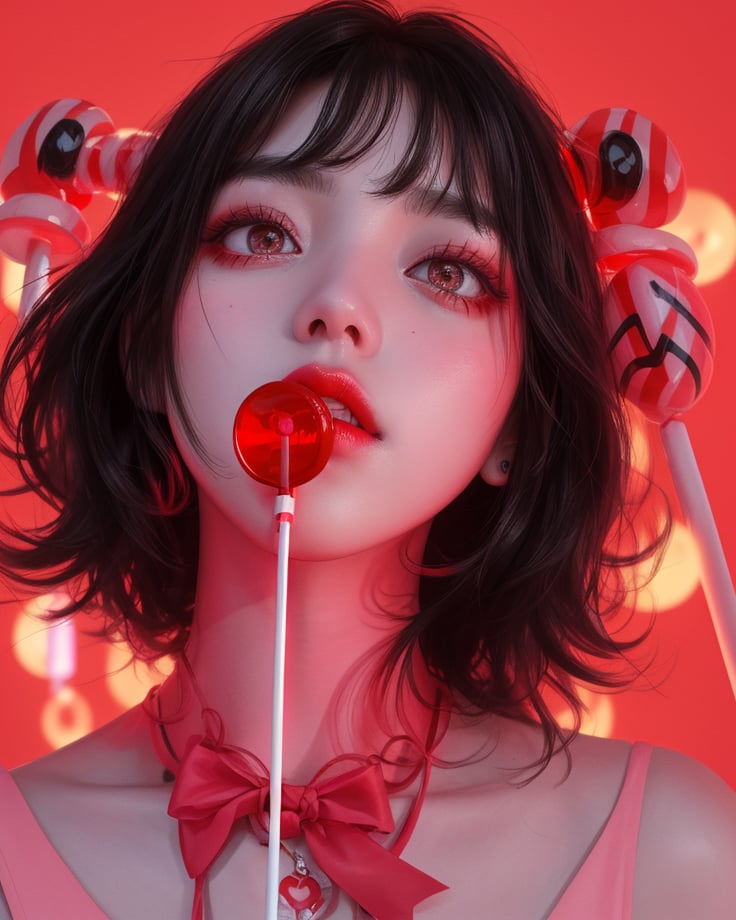 1girl,black hair,dark eyes,red,glowing,neon red background,lollipops,masterpiece,best quality