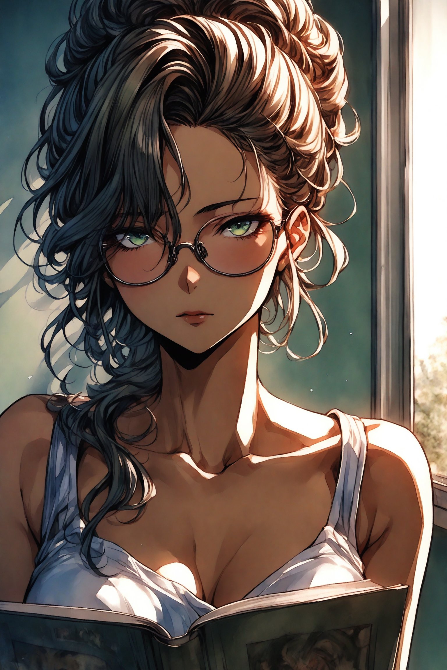 1girl, 18 years old, long hair, brunette hair, messy bun hairstyle, glasses, emerald green eyes, tan_skin, curvy yet slender physique, otaku vibe, college student, reading a book, white camisole, inside her room, dim light, in-love expression, head_portrait, head to shoulder photography, photorealistic, beautiful portrait, looking at the viewer, bokeh effect, masterpiece, highest-quality, intricate details ,aesthetic portrait,better photography,watercolor, Manhwa beautiful ,Expressive,watercolor \(medium\)