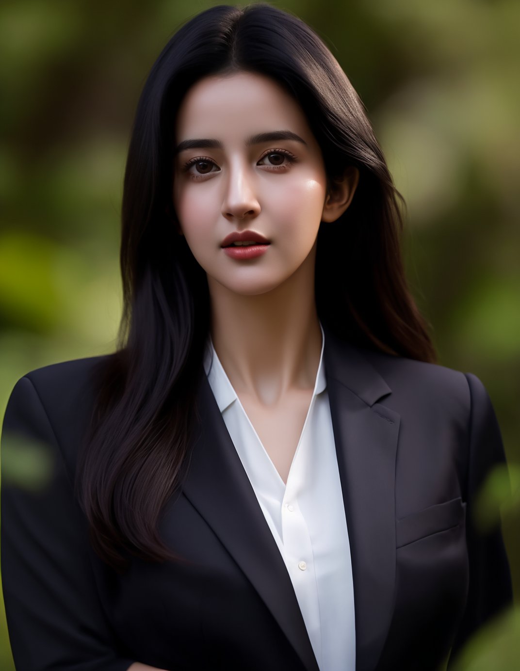 a girl like katrina kaif having black hair and good 4kquality realistic. And wear suits,  blur nature background.zoom out...