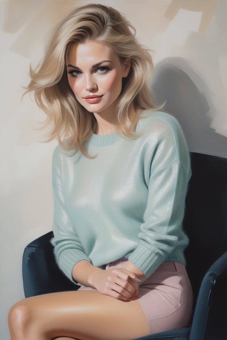 Oil Painting art, Full Lenght  Oil Painting image  of a 30 years old sexy classy minx woman, classy makeup,long blonde hair cut, disheveled, long eyelashes. She wears a pastel color short sweater with short sleeves and a shiny pantyhose, stilettos pumps.Shy,Smil, looking down. She has having an intimate moment at home. fashion illustration for  Harper's Bazaar, 