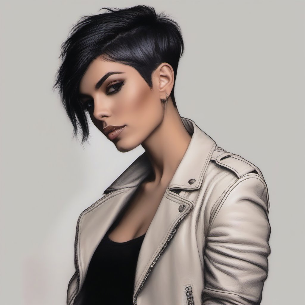 Drawing in color of a woman in pixie hair cut,  raven hair color,  skinny leather jeans by user_744422647051517677 on Tens...