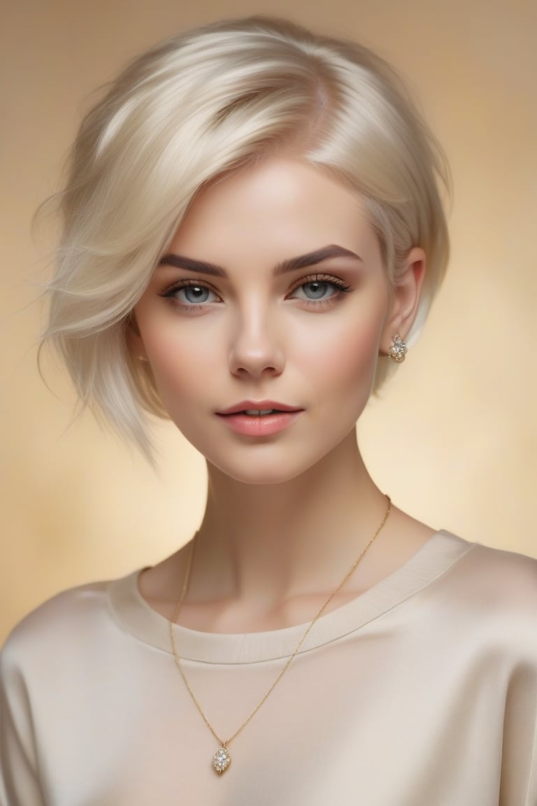 Oil Painting Art.Portrait of a 30 years old classy slim minx women,  classy makeup,  platinum blonde long pixie hair cut b...