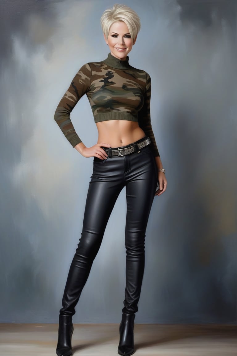 Oil Painting art, Full Lenght detailed portrait of a 50 years old classy sexy minx woman, classy makeup, platinum blonde hair color, long pixie hair cut,  disheveled, she wears a Camouflage Knitted Women's Slim Fit crop T-Shirt, a black skinny leather jeans,silver buckle belt,stilletos pointed ankle boots. Posing in a elegant background, nice lightening,smile, standing provocative and sexy, realistic style