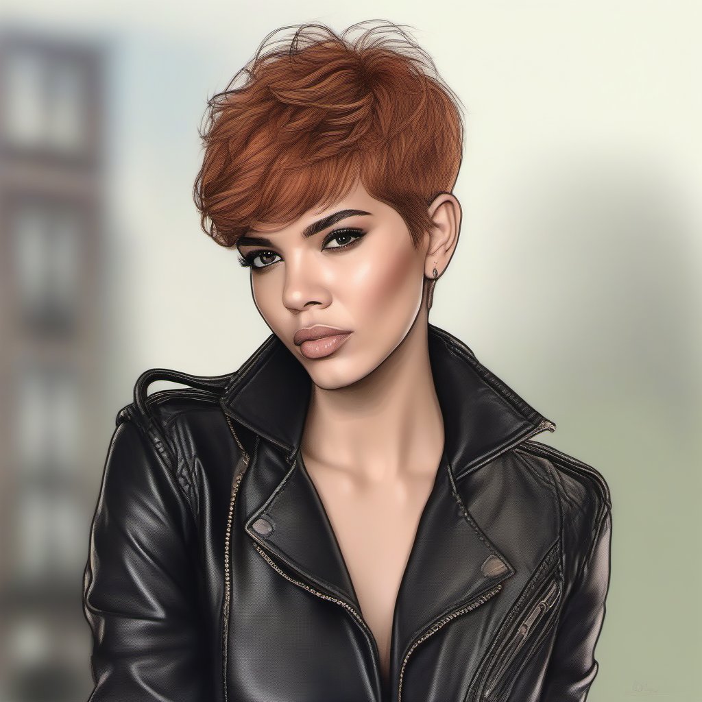 Drawing in color of a woman in pixie hair cut,  skinny leather jeans and leather jacket perfecto by user_74442264705151767...