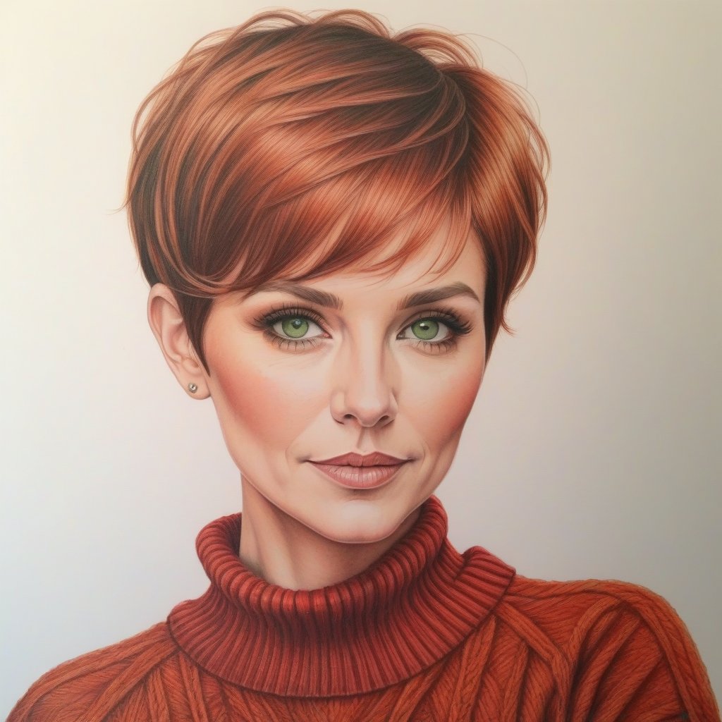 color pencil art,  a 45 years old sexy pixie hair cut copper,  green eye by user_744422647051517677 on Tensor.Art