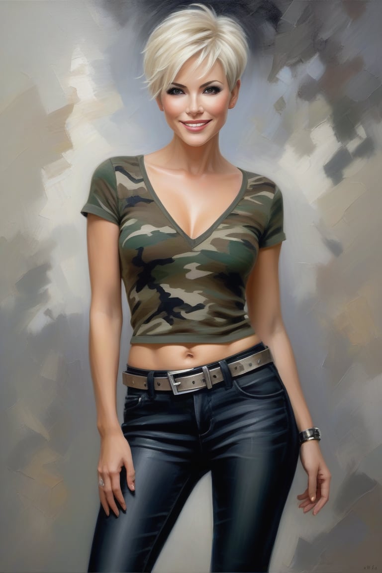 Oil Painting art, Full Lenght detailed portrait of a 50 years old classy sexy minx woman, classy makeup, platinum blonde hair color, long pixie hair cut,  disheveled, she wears a Camouflage Knitted Women's Slim Fit T-Shirt, a black skinny leather jeans,silver buckle belt,stilletos pointed ankle boots. Posing in a elegant background, nice lightening, light smile, standing provocative and sexy, Impressionist style