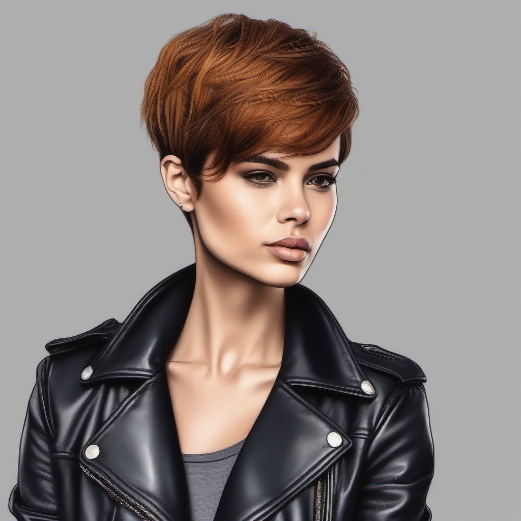 Drawing in color of a woman in pixie hair cut,  skinny leather jeans and leather jacket perfecto by user_74442264705151767...