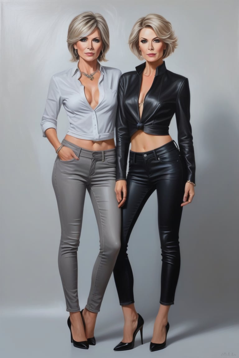 Oil Painting art,  full lenght portrait of two 50 years old classy slim minx women,  disheveled by user_744422647051517677...