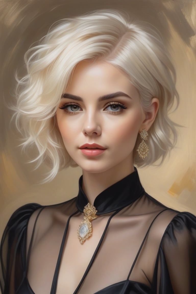 Oil Painting Art.Portrait of a 30 years old classy slim minx women,  classy makeup,  platinum blonde long pixie hair cut b...