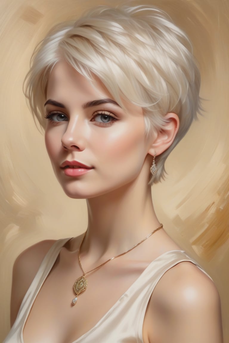 Oil Painting Art.Portrait of a 30 years old classy slim minx women,  classy makeup,  platinum blonde long pixie hair cut b...