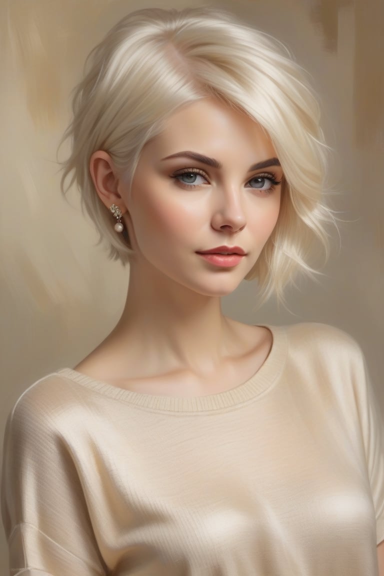 Oil Painting Art.Portrait of a 30 years old classy slim minx women,  classy makeup,  platinum blonde long pixie hair cut b...