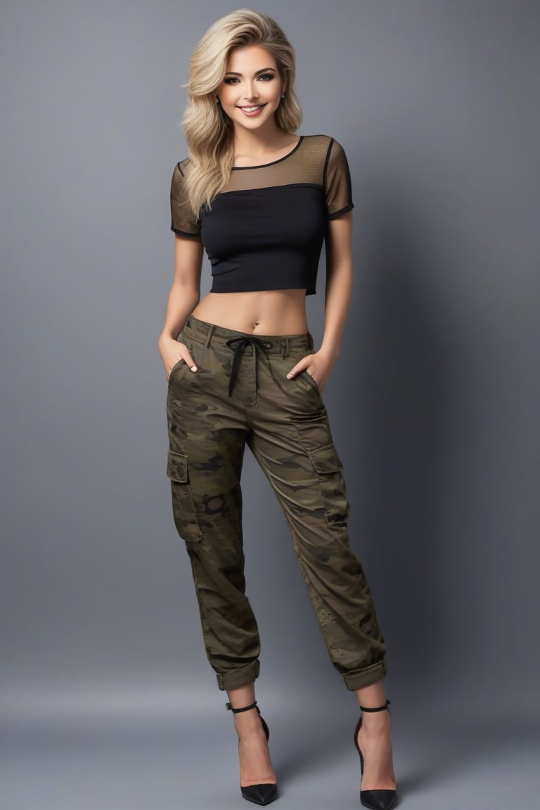 Oil Painting art, Full Lenght detailed portrait of a 30 years old classy slim, sexy minx woman, classy makeup, ash blonde hair color, long pixie hair cut,  disheveled, she wears a black mesh crop top T-shirt and  a low waist pegtop camouflage cargo pants ,stilletos pointed pumps. Posing in a elegant background, nice lightening, charming smile, standing provocative and sexy, ultra realistic style