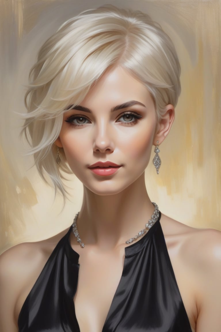 Oil Painting Art.Portrait of a 30 years old classy slim minx women,  classy makeup,  platinum blonde long pixie hair cut b...