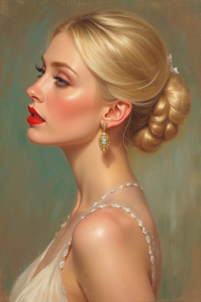 Oil painting Art,
Rolf Armstrong Style
Portrait of a classy demure poised blonde lady 
Hair bun
3/4 side view
Portrait 