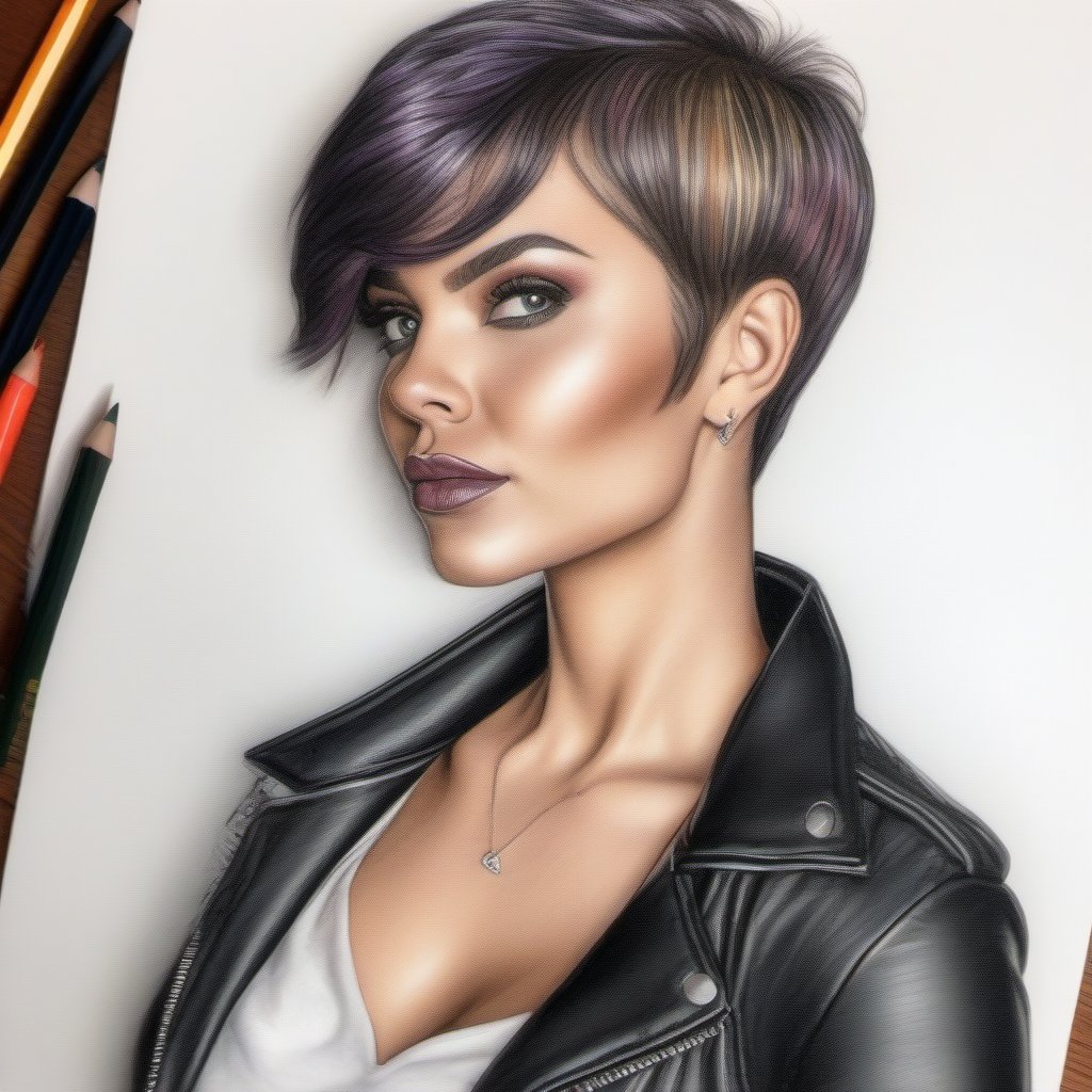Color Pencil Art. Drawing in color of a woman in pixie hair cut,  raven hair color,  skinny leather jeans by user_74442264...